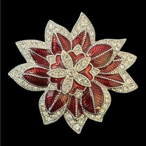 Vintage Signed Monet Red Enamel Rhinestone Brooch